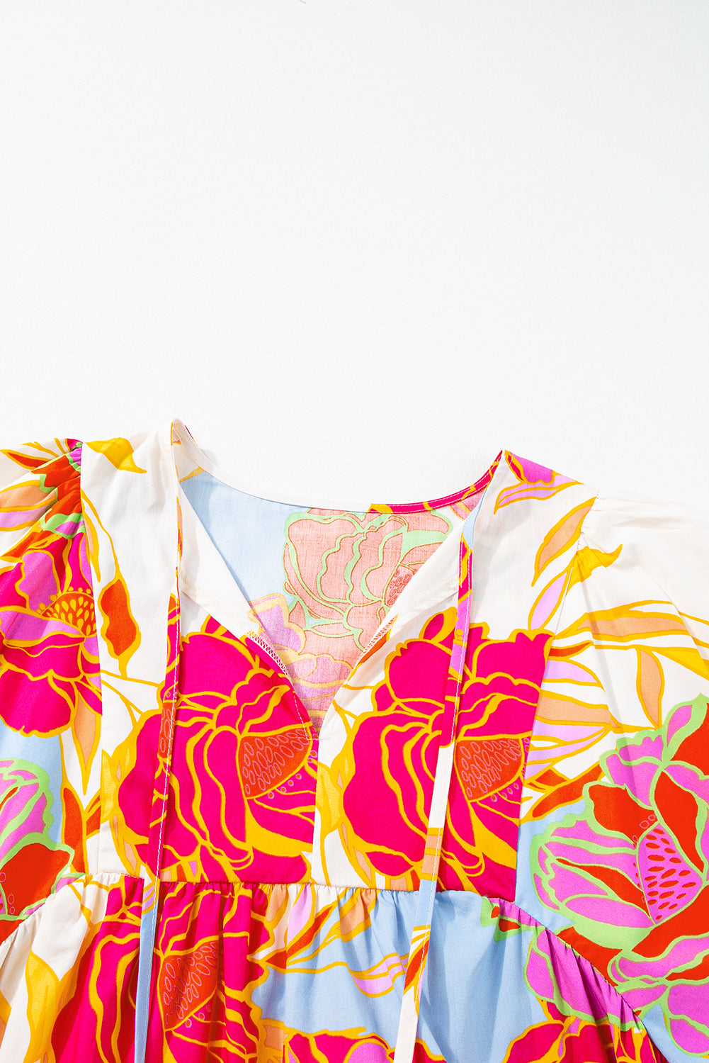 Rose Floral Lantern Sleeve Tied Split Neck Mini Dress