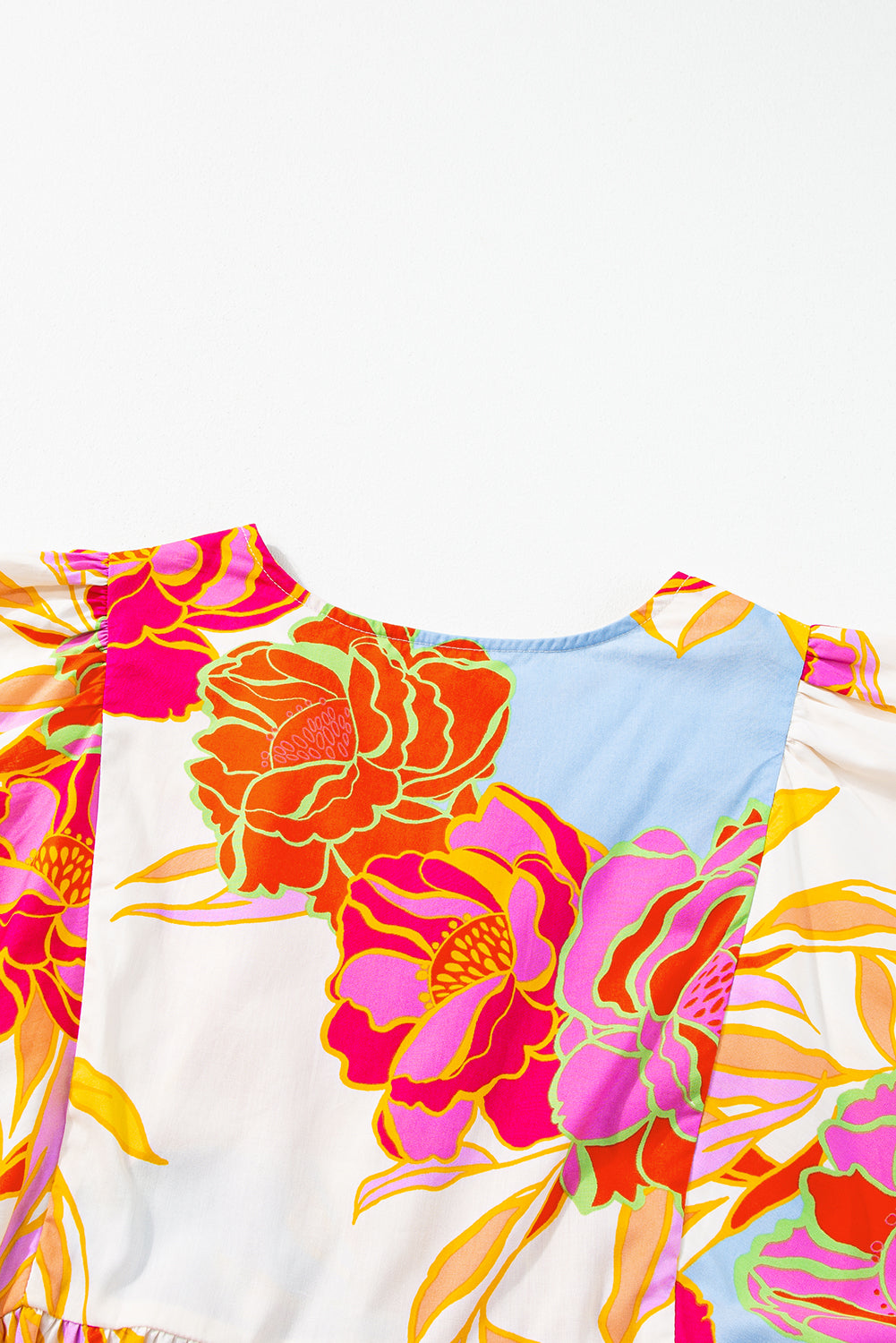 Rose Floral Lantern Sleeve Tied Split Neck Mini Dress