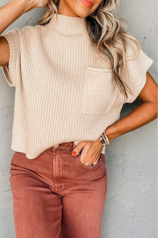 Short sleeve ribbed top with pocket