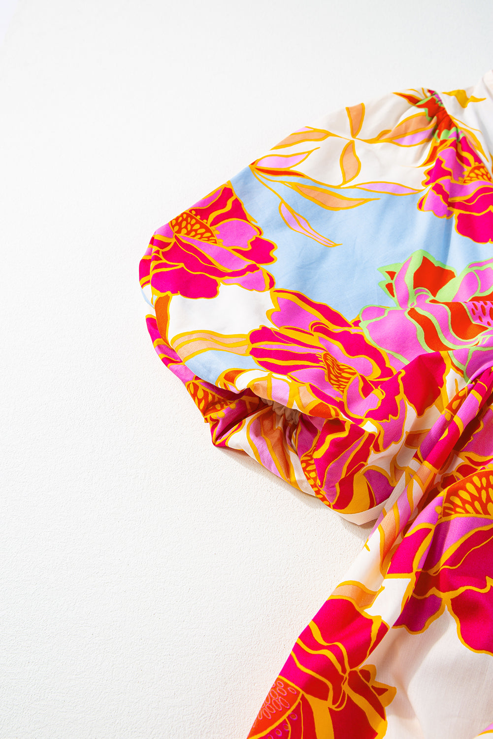 Rose Floral Lantern Sleeve Tied Split Neck Mini Dress