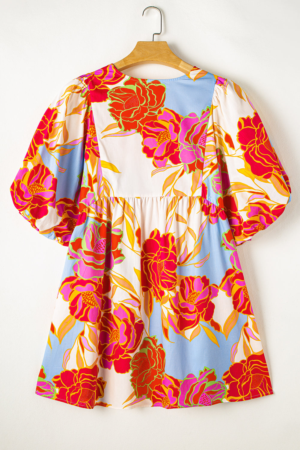 Rose Floral Lantern Sleeve Tied Split Neck Mini Dress