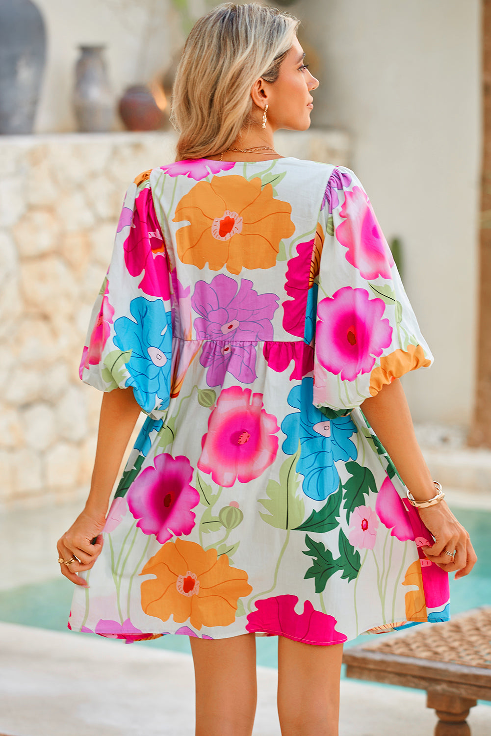Rose Floral Lantern Sleeve Tied Split Neck Mini Dress