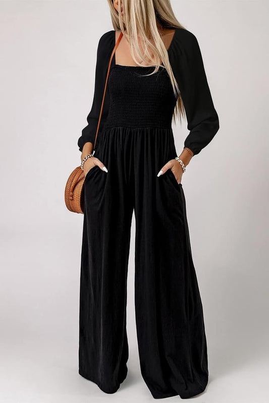 Long sleeve smocked jumpsuit
