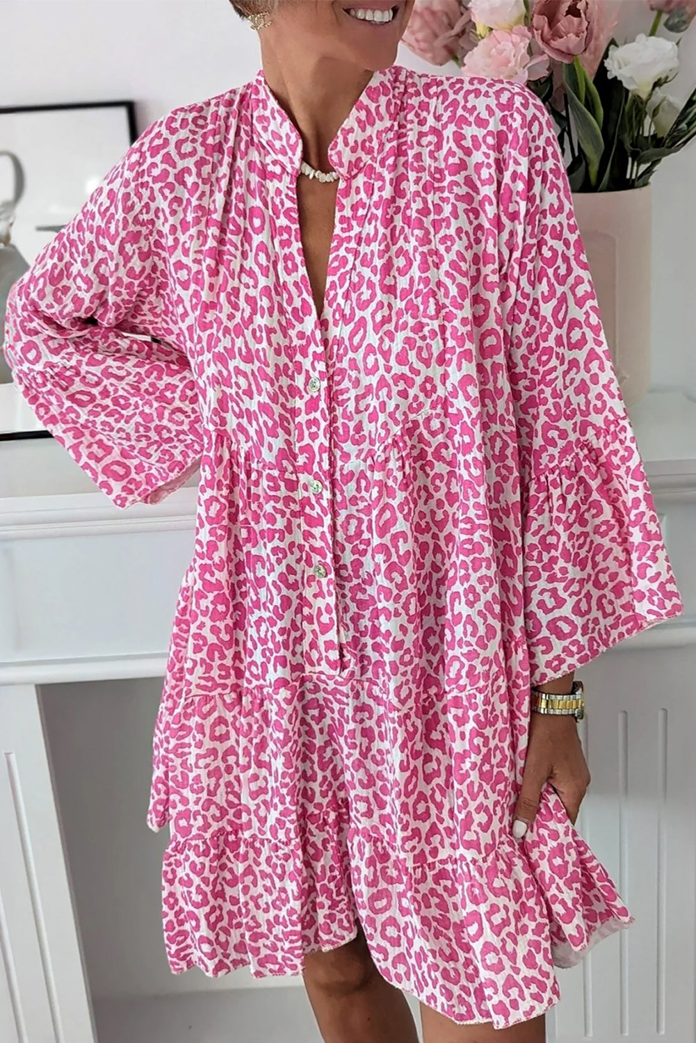 Bright Pink Leopard Printed Long Sleeve Buttoned Front Mini Dress –  Marilyn's Boutique