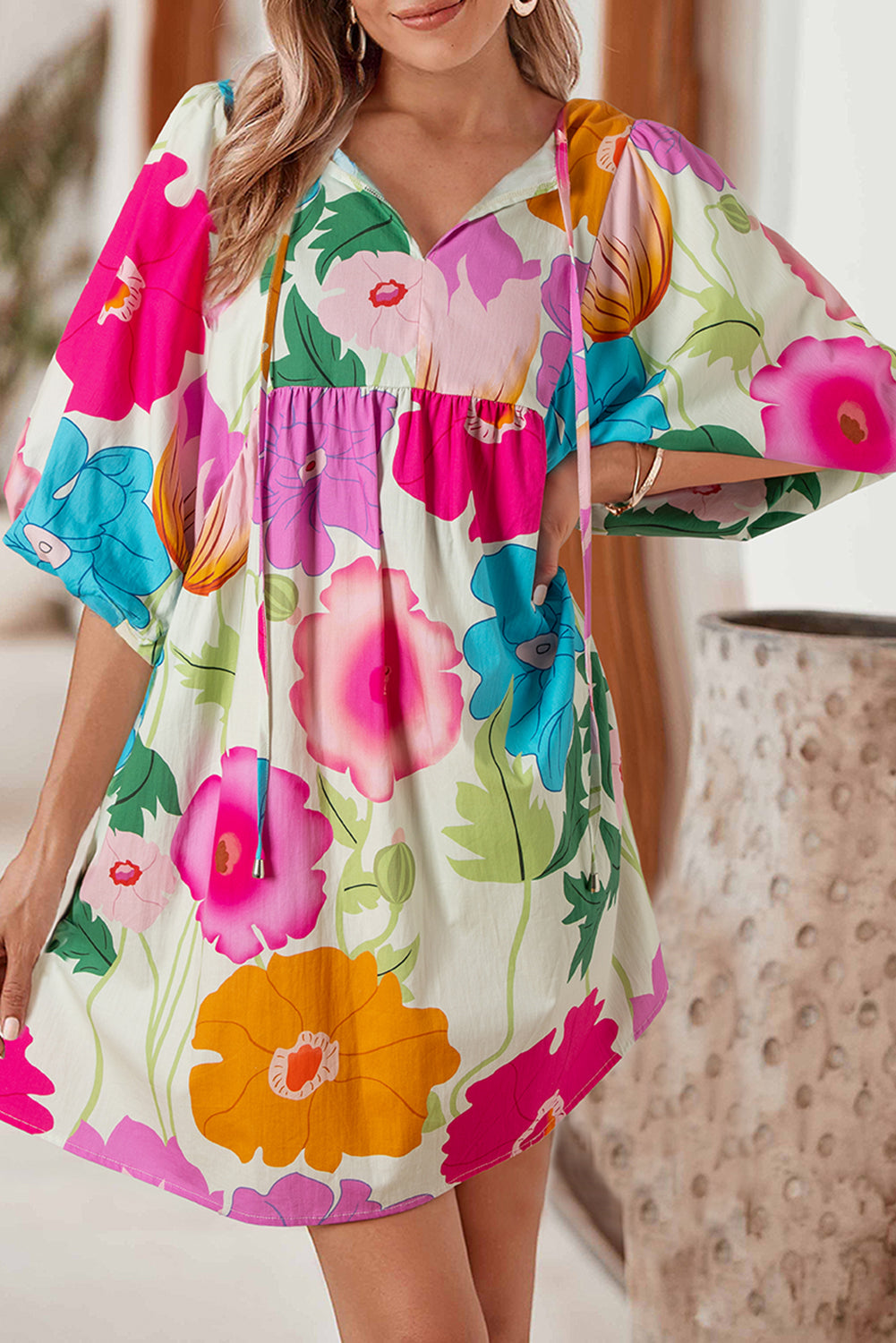 Rose Floral Lantern Sleeve Tied Split Neck Mini Dress
