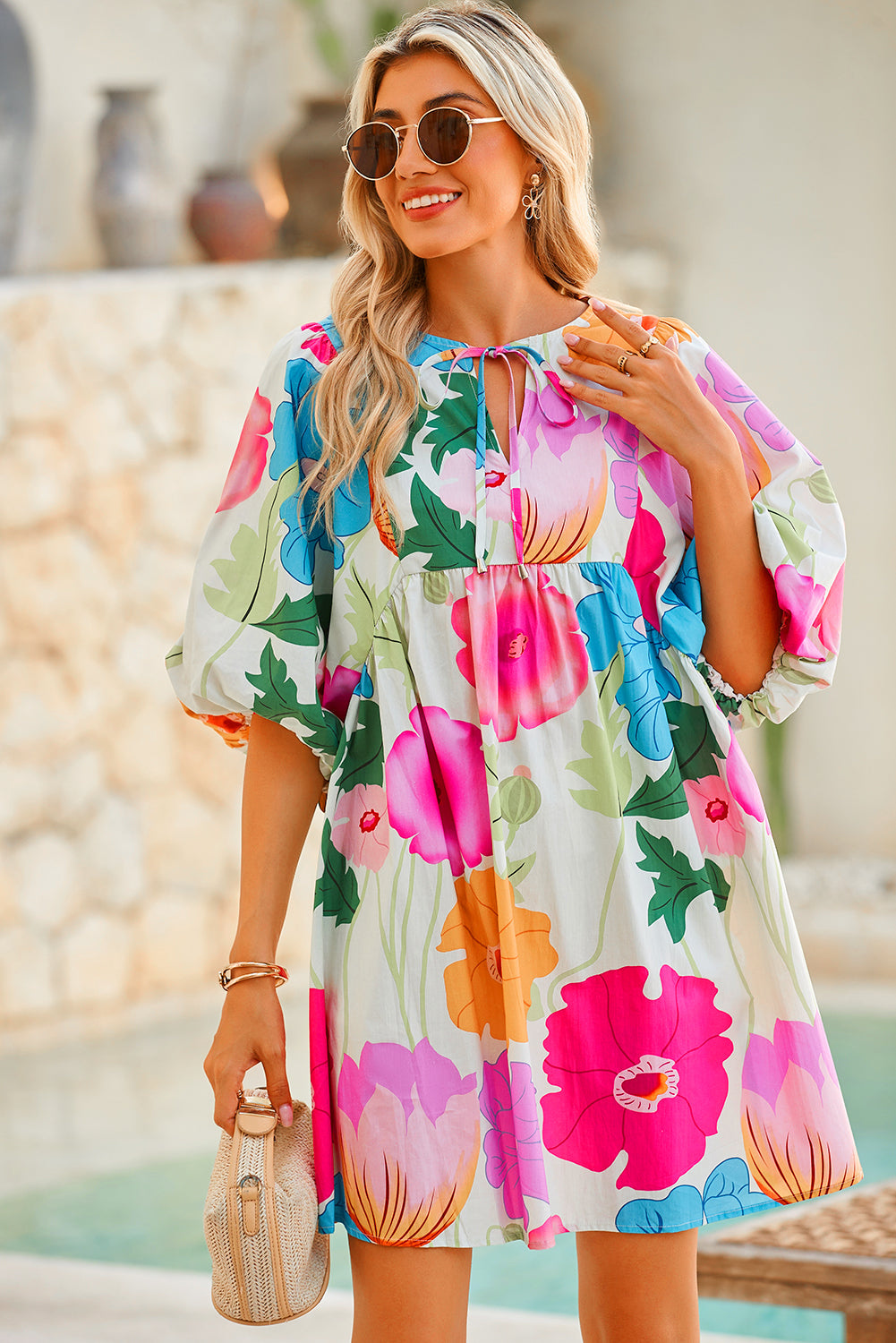 Rose Floral Lantern Sleeve Tied Split Neck Mini Dress