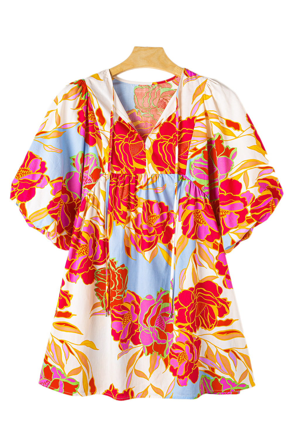 Rose Floral Lantern Sleeve Tied Split Neck Mini Dress