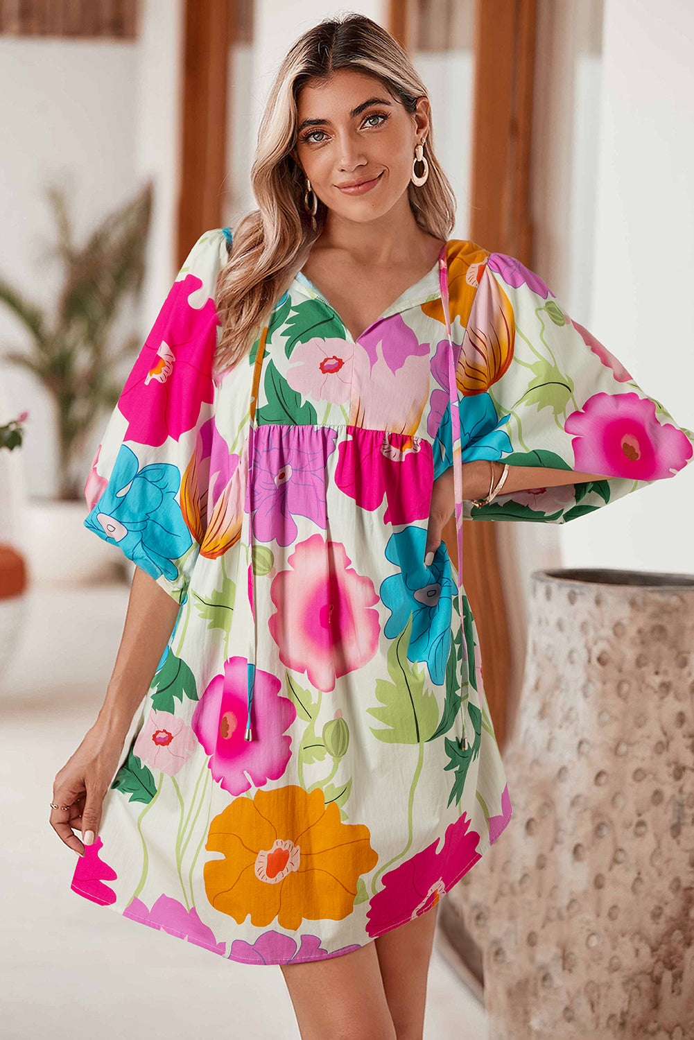 Rose Floral Lantern Sleeve Tied Split Neck Mini Dress