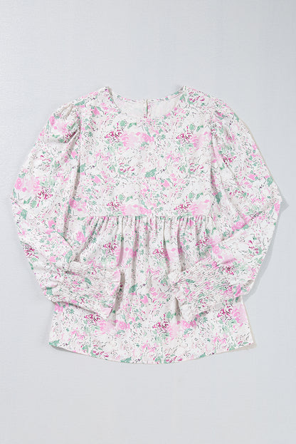 Pink Floral Print Shirred Balloon Sleeve Keyhole Back Babydoll Blouse