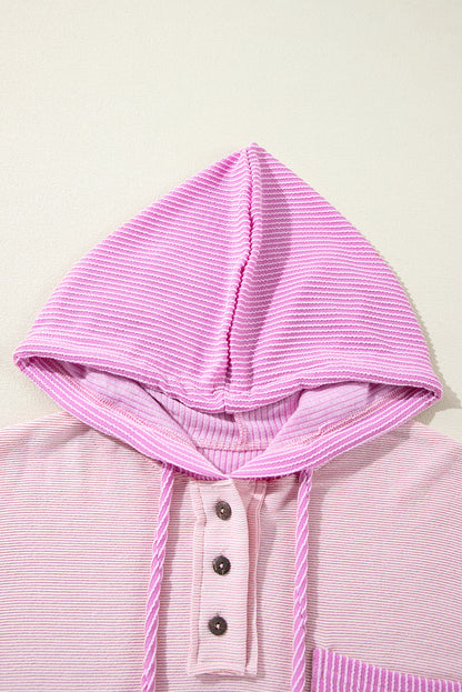Light Pink Corded Colorblock Patch Pocket Drawstring Hoodie